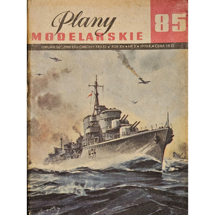 Image of the cover and sample pages from the 1978 ORP Błyskawica Polish Destroyer Model Plans by Liga Ochrony Kraju, highlighting the historical detail and the condition of the plans.