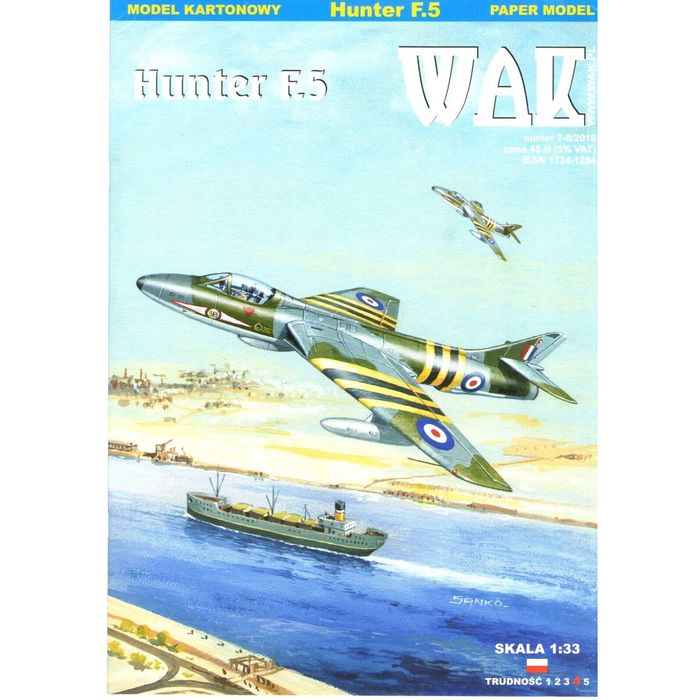 Image showcasing the Hunter F.5 1:33 scale card model kit by WAK Publishing, highlighting the kit's precision detail and scale accuracy for model enthusiasts.