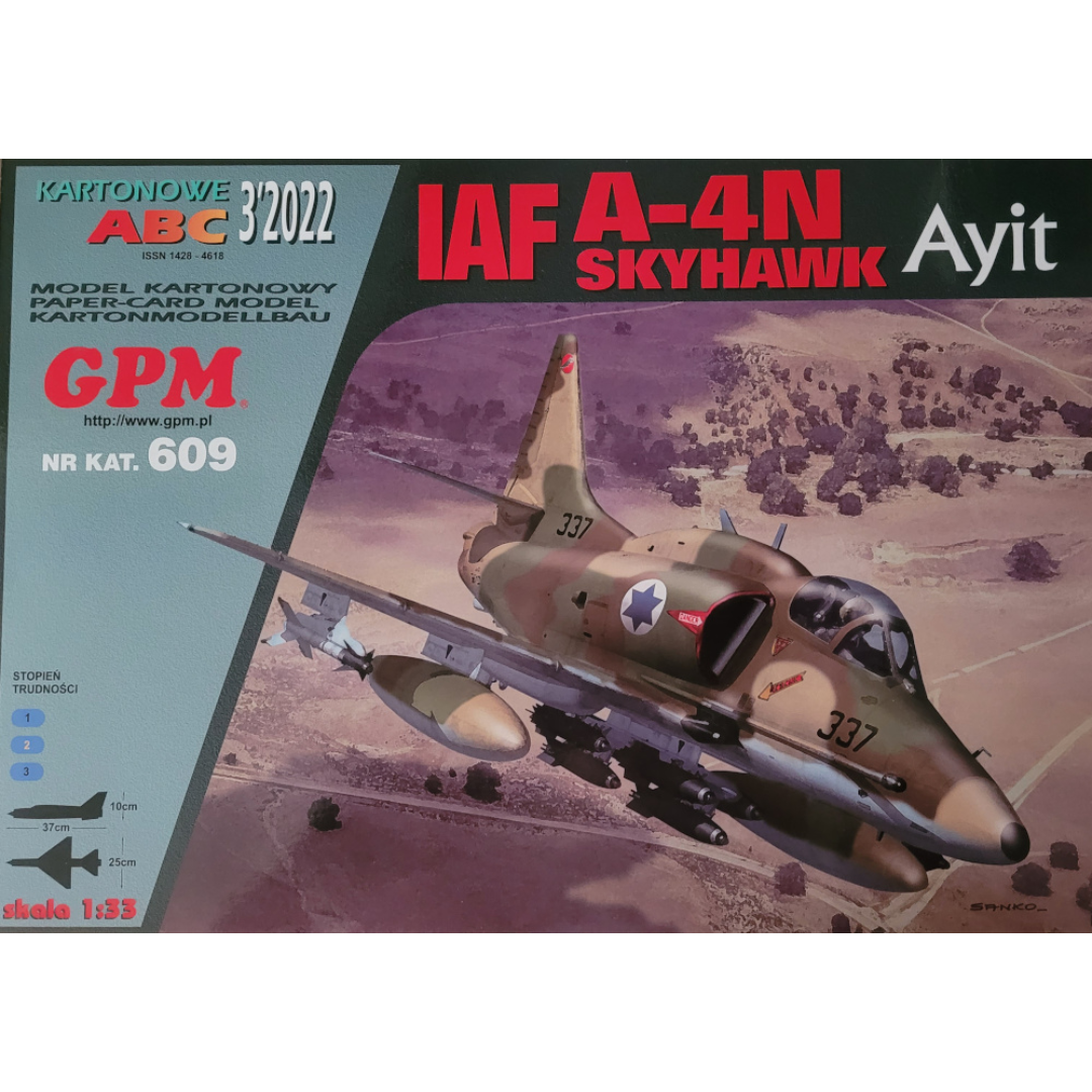 Photo of IAF A-4N Skyhawk cardboard model kit showing detailed parts and packaging