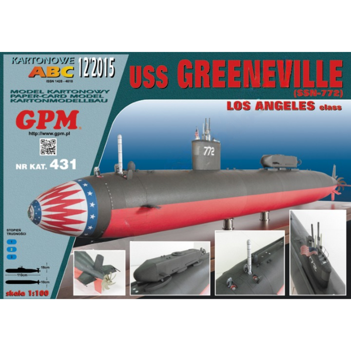 Photo of USS Greeneville SSN-772 model kit, showing detailed replica of Los Angeles Class submarine.