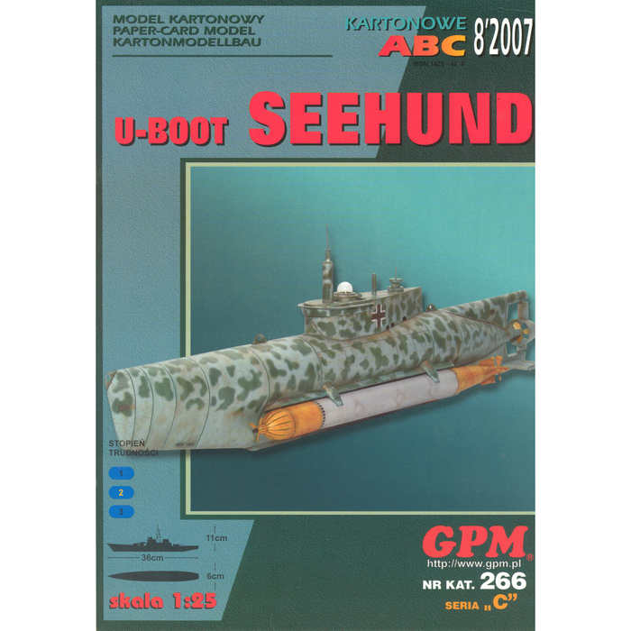 Photo of GPM German Seehund Mini Submarine Model Kit in 1:25 Scale, showcasing detailed parts and packaging.