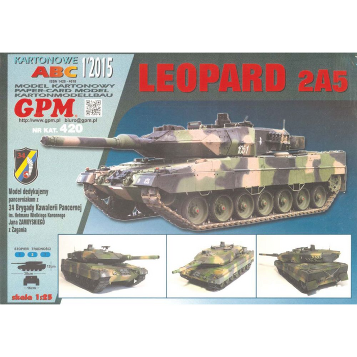 Photo of the unassembled Leopard 2A5 tank model kit by GPM, showcasing A3 cardboard sheets and packaging.