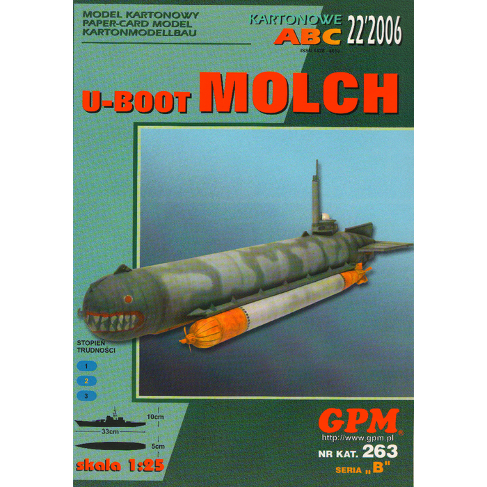 Photo of GPM 1:25 scale German U-Boot Molch mini submarine model kit, showcasing detailed dimensions and card components.