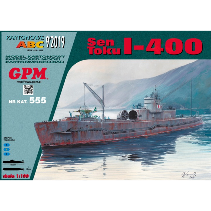 Photo of Japanese Sen Toku I-400 submarine model kit by GPM, showing the packaged cardboard sheets and a preview of the assembled model.