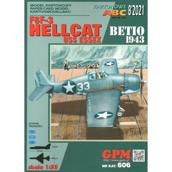 Photo of GPM F6F-3 Hellcat 1:25 scale model kit, showcasing the detailed cardboard cut-outs and assembly instructions, perfect for WWII aircraft enthusiasts.