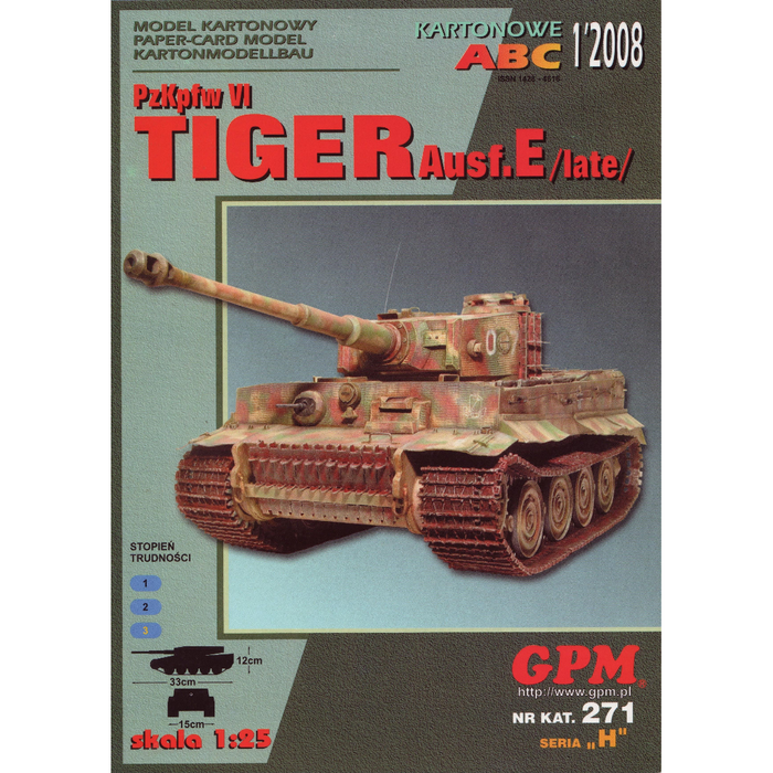 Photo of GPM 1:25 scale PzKpfw VI Tiger tank model kit, showcasing the detailed cardboard sheets and packaging.