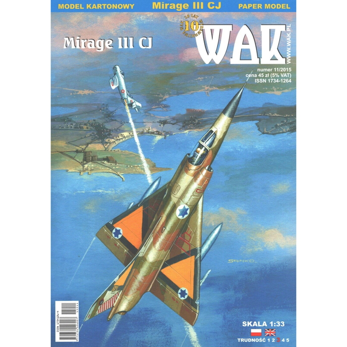 Image of the Mirage III CJ 1:33 scale card model kit by WAK Publishing, showcasing the detailed design and precision craftsmanship of the iconic fighter jet.