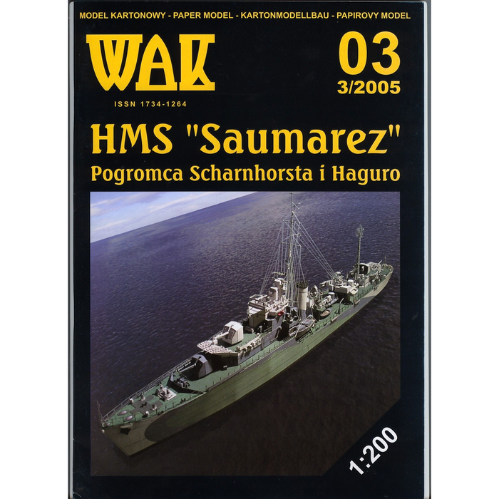 Image of WAK Publishing's HMS Saumarez 1:200 Scale Card Model Kit, showcasing the detailed components and design accuracy of the iconic British destroyer.