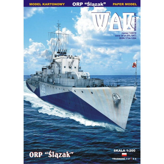 Image of the ORP ŚLĄZAK 1:200 scale Card Model Kit by WAK Publishing, showcasing the detailed design and quality card stock of this Polish Navy destroyer model.