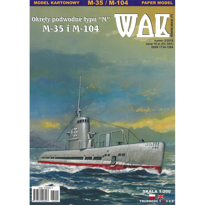 Image of M-35 & M-104 Submarines Card Model Kit by WAK Publishing, showcasing the detailed 1:100 scale replicas and the high-quality card stock components.