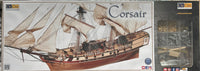 Image of Occre's Corsair Brig 1:80 Scale Model (13600), depicting a detailed replica of the traditional brig ship, complete with intricate rigging, precision-cut wooden parts, and authentic nautical details.
