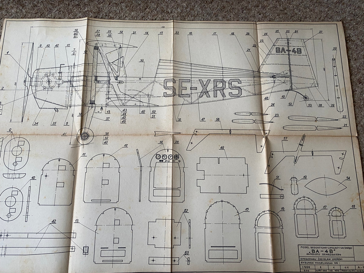 Photo of vintage 1966 Swedish BA-4B Fighter Plane Model Plans, showcasing the cover's wear and the historical detail contained within.