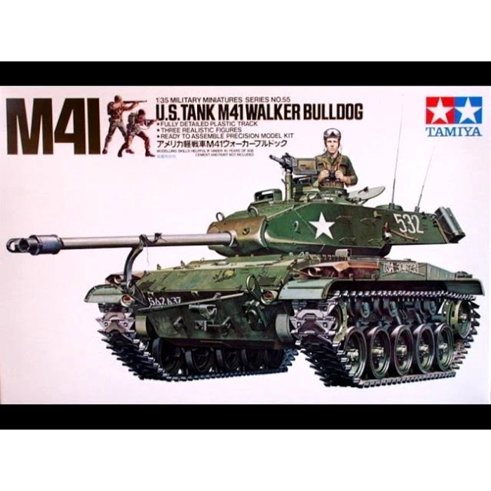 Image of Tamiya's U.S. M41 Walker Bulldog 1:35 Scale Model Kit, showcasing the highly detailed tank replica with authentic markings and precise engineering for military model enthusiasts.