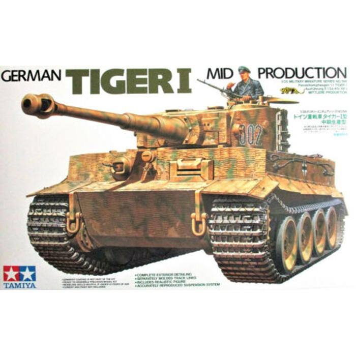 Image of Tamiya's 1:35 Scale Tiger I Mid Production Tank Model Kit, showcasing the detailed design and accurate representation of this iconic WWII tank.