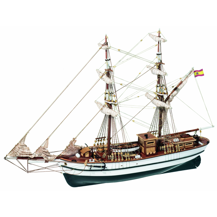 Image of the Occre 13001 Aurora Brig model, showcasing a detailed 1:65 scale replica of the historic two-masted sailing vessel, complete with intricate rigging and high-quality craftsmanship.
