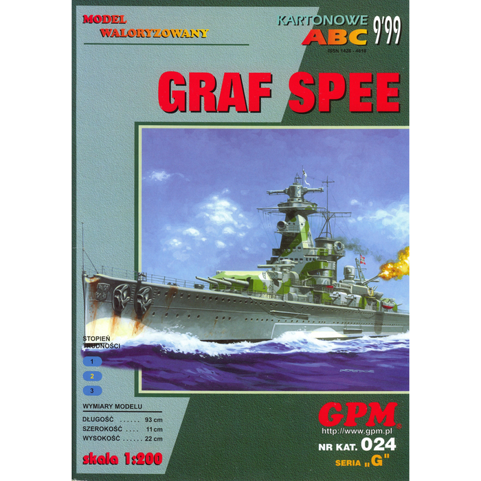 Photo of GPM Publishing's Admiral Graf Spee Card Model Kit in 1:200 scale, showcasing the intricate details and historical accuracy of the WWII German warship, perfect for modelers and naval history enthusiasts.