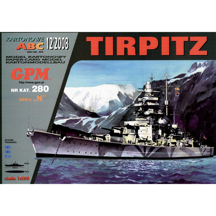 Image of GPM Publishing's Tirpitz Battleship Card Model Kit, Scale 1:200, depicting the detailed components and intricate design of the iconic WWII German naval ship.