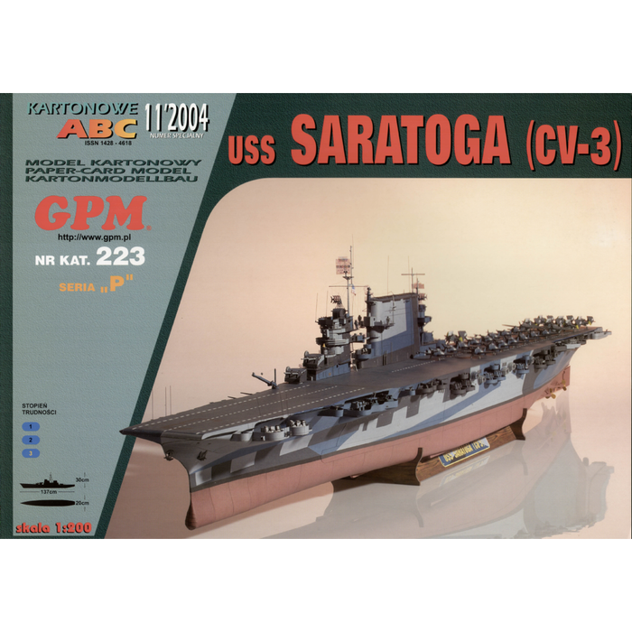 Image of the GPM Publishing USS Saratoga CV-3 Card Model Kit, showcasing the detailed 1:200 scale replica of the iconic U.S. aircraft carrier, ideal for military model enthusiasts and collectors.