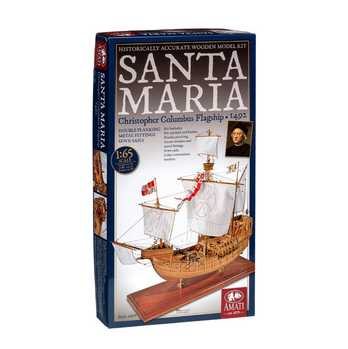 Photo of Amati's Santa Maria model ship, a detailed replica of Christopher Columbus's flagship, featuring intricate riggings, forecastle, and lateen sails, crafted with historical accuracy and high-quality materials.