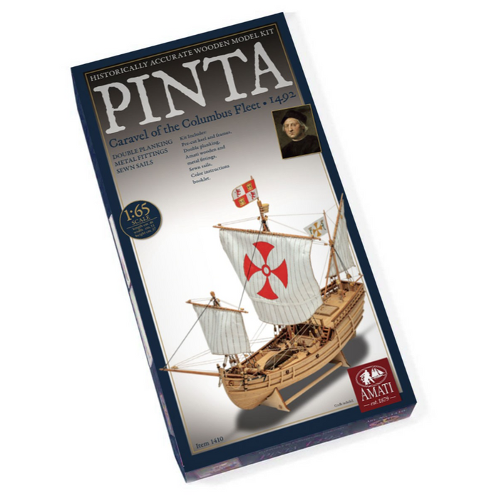 Photo of Amati's Pinta model, a detailed scale replica of the historic ship from Columbus's fleet, featuring intricate craftsmanship and authentic design elements in a 1/65 scale model.