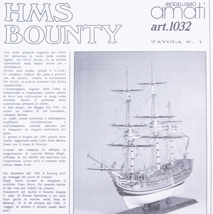 Image of Amati's HMS Bounty model plans, featuring detailed schematics and instructions for building a scale replica of the historic 18th-century British ship, showcasing precise design and historical accuracy