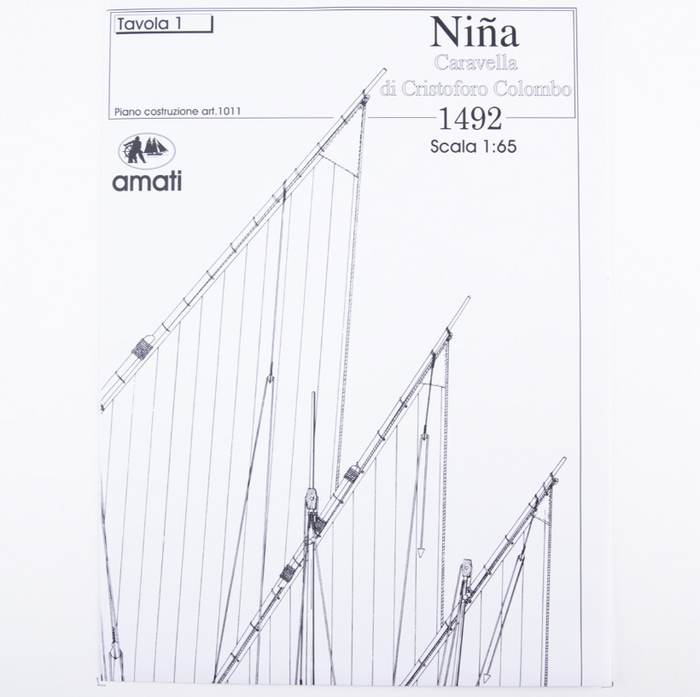 Image of Amati's Niña Caravel model plans, presenting detailed and historically accurate schematics for building a scale model of the famous 15th-century caravel, complete with step-by-step instructions and design details.