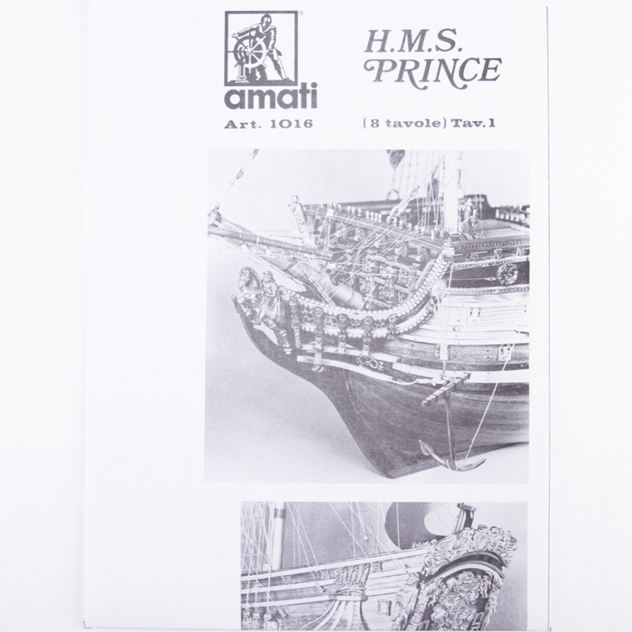 Image of Amati's HMS Prince model plans, displaying detailed blueprints and instructions for creating a scale replica of the 17th-century British warship, showcasing intricate design and historical accuracy.
