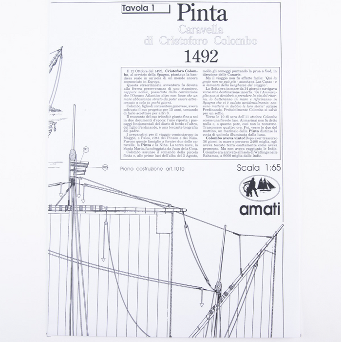 Image displaying Amati's Caravel Pinta model plans, featuring detailed blueprints and instructions for building a historically accurate scale replica of the 15th-century exploration ship, highlighting its distinctive design.