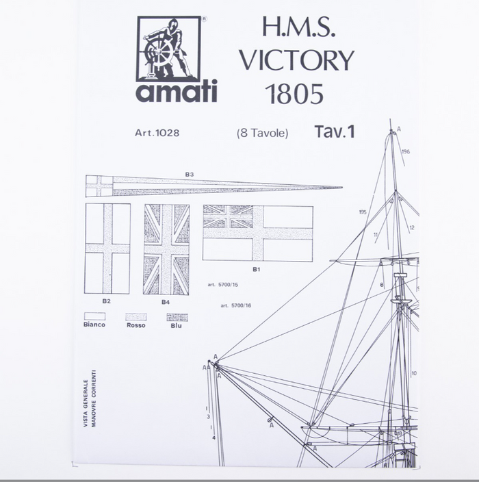 Image of Amati's HMS Victory model plans, displaying detailed blueprints and precise instructions for constructing a scale replica of the famous 18th-century British warship, known for its historical significance and complex design.