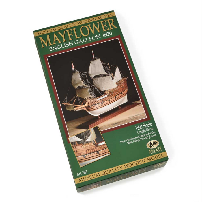 Image displaying the Amati Mayflower wooden model kit, featuring the detailed components and tools for assembling a historically accurate replica of the 17th-century Pilgrim ship, showcasing intricate craftsmanship and authentic design.