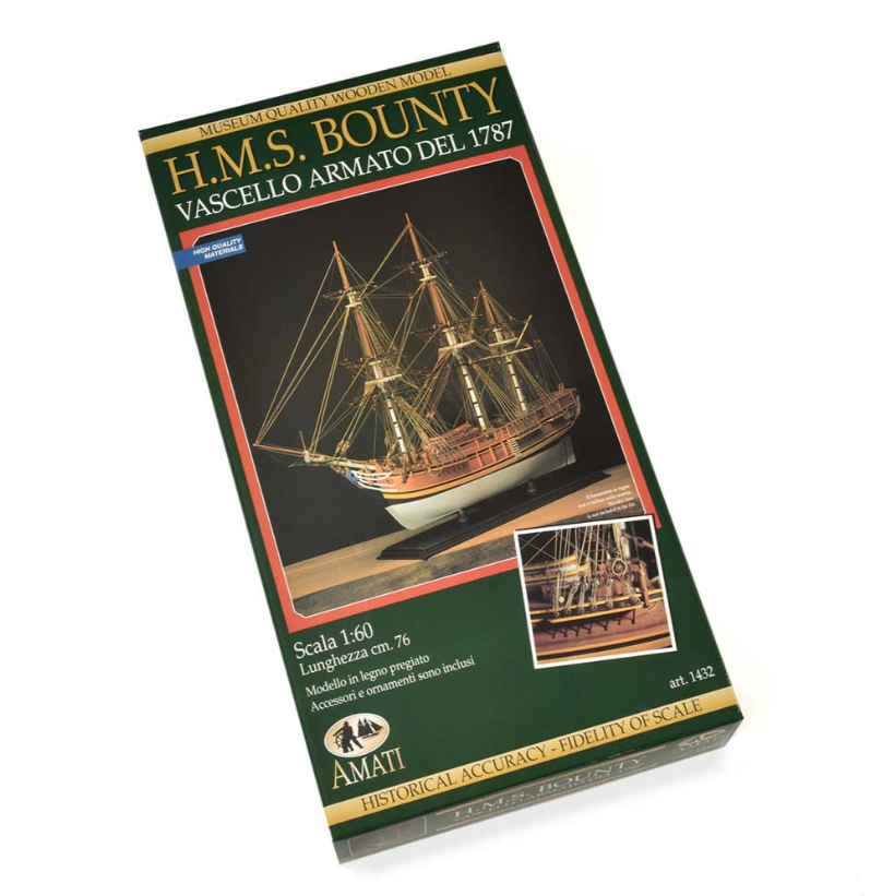 Image showcasing the Amati HMS Bounty wooden model kit, featuring detailed components for assembling a scale replica of the historic 18th-century British naval ship, complete with intricate rigging, sails, and deck structures.