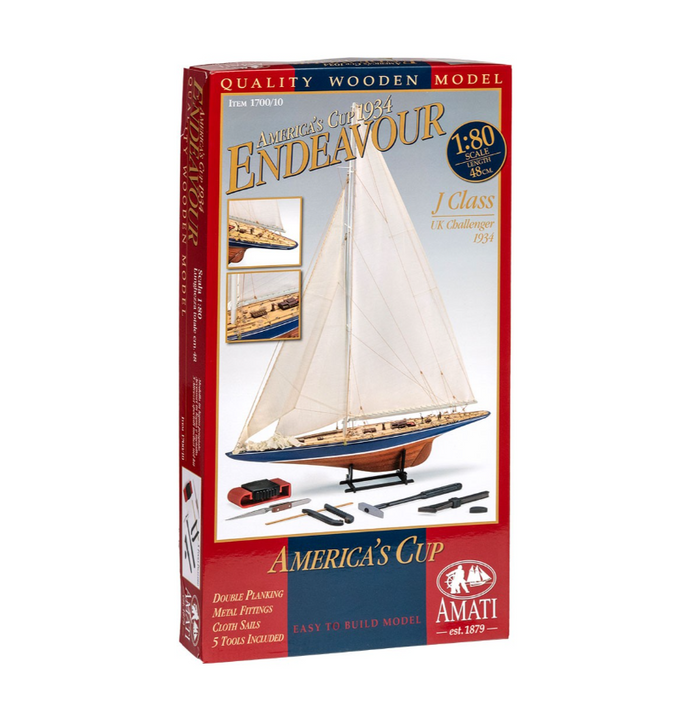 Image showcasing Amati's America's Cup 1934 Endeavour wooden model kit, depicting a detailed and authentic replica of the historic racing yacht with intricate craftsmanship and elegant design elements.