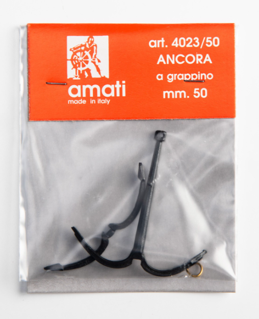Image of Amati's 50mm Grapnel Anchor, displaying a meticulously crafted miniature replica with a traditional grapnel design, suitable for enhancing historical accuracy in model ships and nautical dioramas.