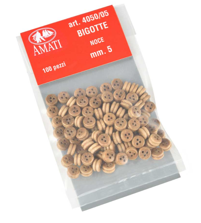 Image of Amati B4049,05 Walnut Deadeyes, featuring a set of 5mm walnut miniature deadeyes, essential for detailed rigging in model shipbuilding, offering precision and a high-quality finish.