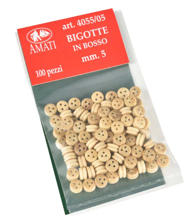 Image of Amati Boxwood Deadeyes in 5mm, showing a set of finely crafted, small wooden rigging components, essential for adding detailed and historically accurate rigging to model ships
