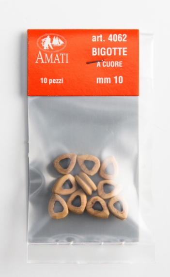 Image of Amati B4062 10mm Closed Heart Deadeyes, featuring a set of precisely crafted miniature deadeyes for model ship rigging, ideal for adding detailed and authentic elements to larger scale naval models.