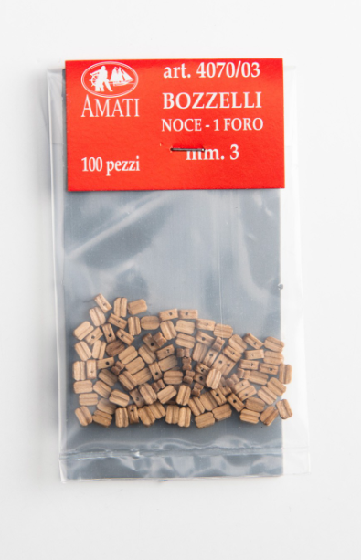 Image of Amati B4070,03 3mm Walnut Single Blocks, featuring 20 high-quality, precision-made walnut blocks for detailed model ship rigging and pulley systems.