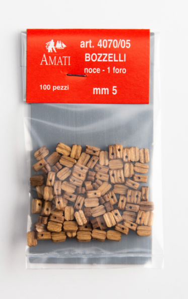 Image of Amati B4070,05 5mm Walnut Single Blocks, featuring 20 finely crafted pieces, perfect for detailed model ship rigging and embellishments.