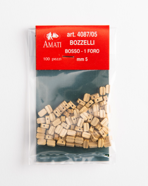 Image of Amati B4087,05 5mm Boxwood Blocks, featuring 20 premium quality blocks for detailed model ship rigging and enhancements.