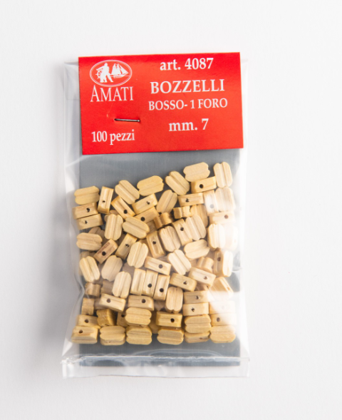Photo of Amati B4087,07 7mm Boxwood Blocks, featuring 20 finely crafted blocks ideal for realistic and sophisticated model ship rigging.
