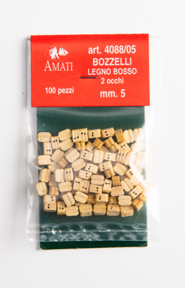 Image of Amati B4088,05 5mm Boxwood Double Blocks, featuring 20 finely crafted pieces, ideal for intricate and realistic model ship rigging enhancements.