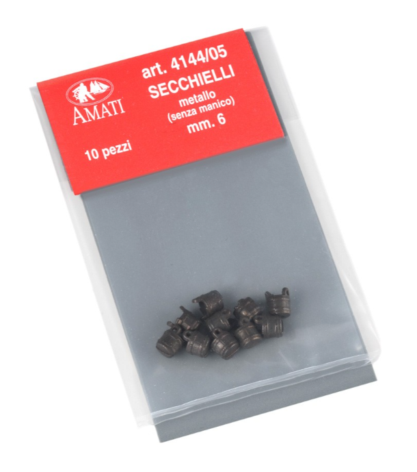 Image of Amati B4144,05 6mm Metal Buckets, showcasing small, finely crafted metal buckets without handles, perfect for adding detailed elements to scale models and dioramas.
