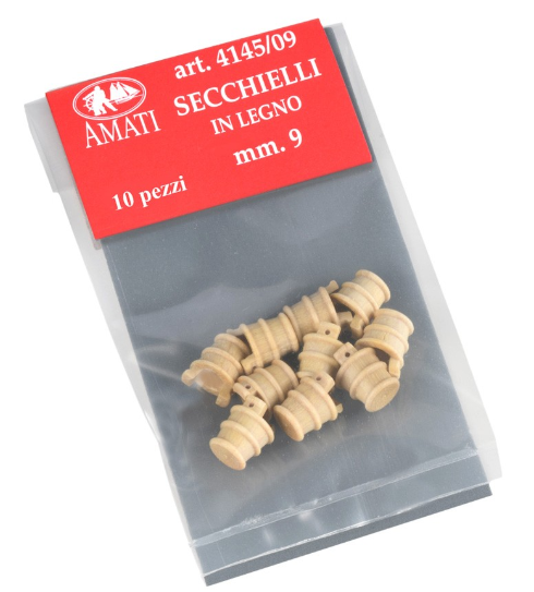 Image of Amati B4145,09 9mm Wooden Buckets, showcasing finely crafted miniature buckets perfect for enhancing detail in model shipbuilding and nautical dioramas.