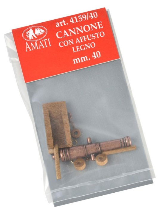 Image of Amati B4159,40 40mm Cannon with Wooden Carriage, showcasing a detailed and historically accurate miniature perfect for enhancing model ships and dioramas.