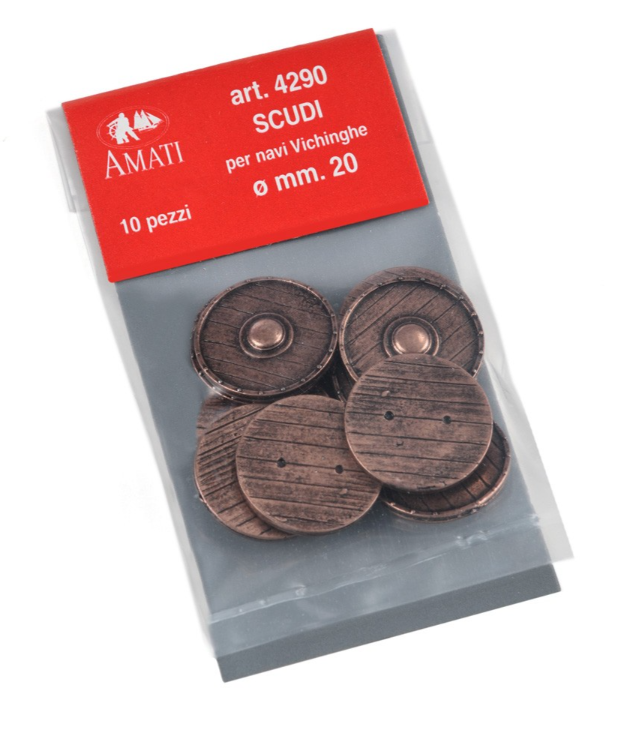 Image of Amati B4290 Viking Ship Shields, a set of 20 detailed 20mm shields, showcasing traditional Viking designs, ideal for enhancing historical ship models with accuracy and authenticity.