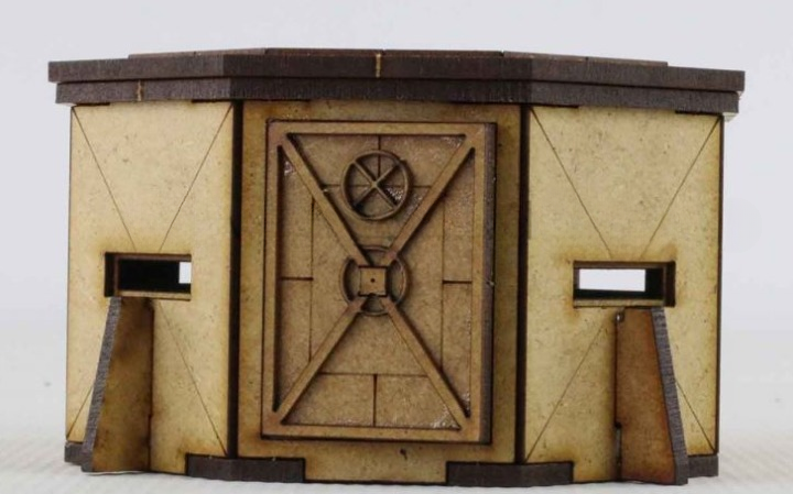 Photo of a 1:56 scale Laser Cut HDF Board Bunker Kit, showcasing the precision-cut pieces ready for assembly into a detailed diorama element.