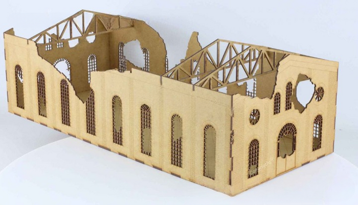 Laser-cut 1:56 scale Destroyed Building Diorama Kit made from 3mm HDF board, showcasing detailed ruins perfect for historical war gaming.