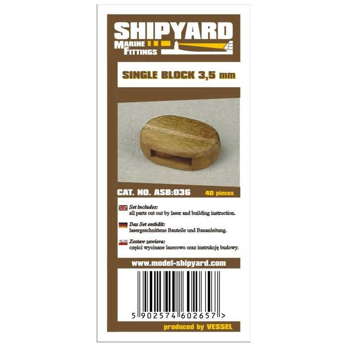 Photo of Shipyard's 3.5mm Single Block Card Rigging Blocks, a 40-piece set designed for detailed model ship rigging and easy self-assembly.