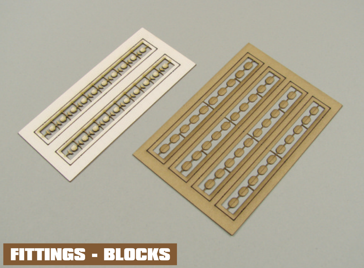 Image of Shipyard's Card Fitting Blocks, featuring small, detailed blocks for model ship assembly, perfect for adding intricate rigging details to scale models.