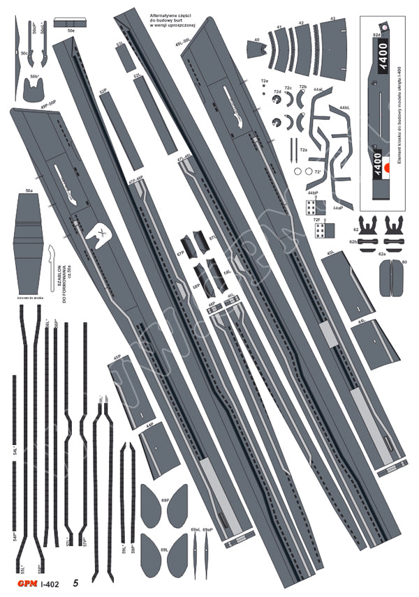 Detailed image of GPM's I-402 Sen-Toku Class Submarine Aircraft Carrier model kit, scale 1:200, showcasing the precision and historical accuracy of the design.